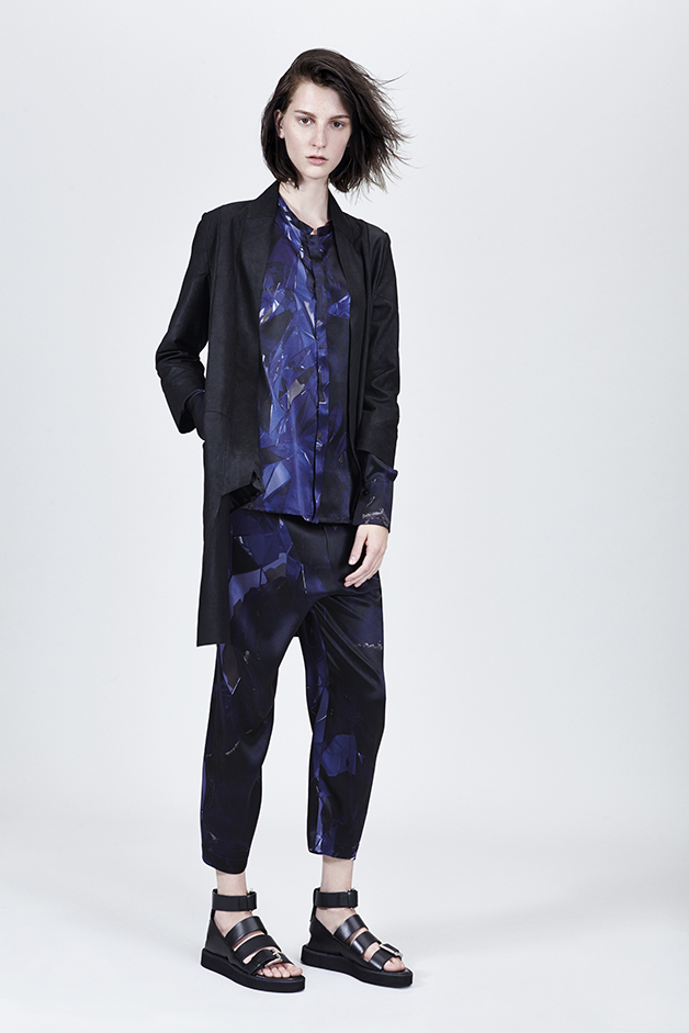 LEATHER OVERCOAT  |  ‘FACETED II’ PRINT BLOUSE  |  ‘FACETED II’ PRINT PANTS